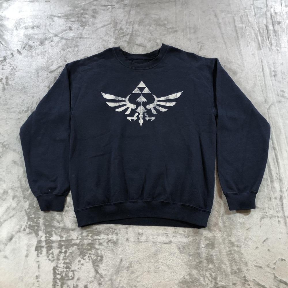 Legend of Zelda Sweatshirt Mens Medium Navy Blue Hylian Crest Triforce Nintendo